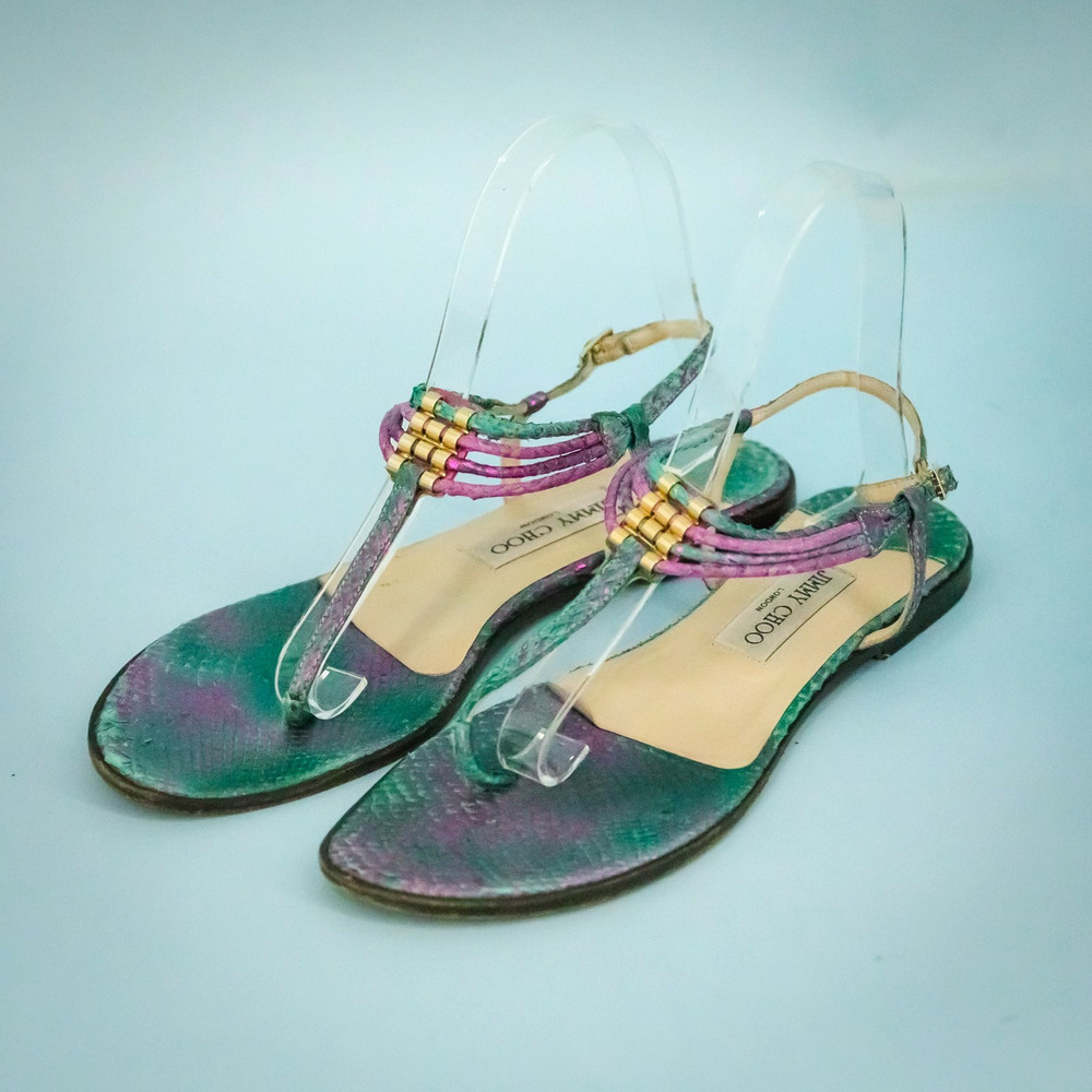 Jimmy Choo 39 Size 9 Green Purple Neon Fish Fife Leather T Strap Thong Sandals